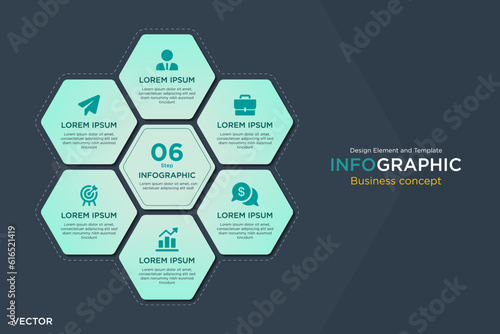 infographic business concept. Honeycomb Text Box 6 step Design Element and Template on Background Navy Dark Mode. In Vector