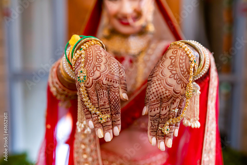 Indian Hindu bride's wedding henna mehendi mehndi hands close up