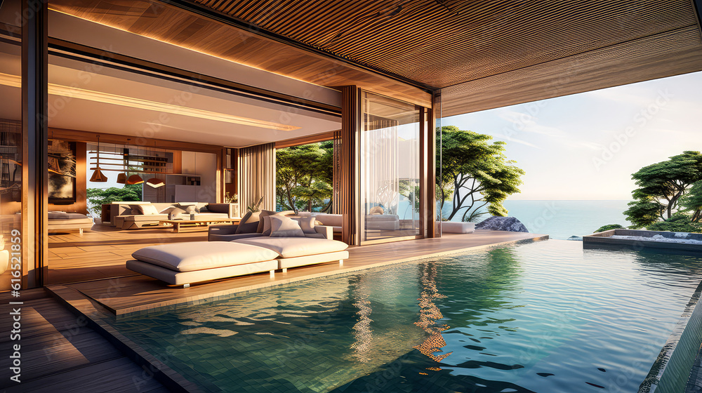 Fototapeta premium 3D render, Modern Interior and pool villa Concept: Embracing the Timeless Elegance and Tranquility of Aesthetics, Creating a Harmonious Fusion of Indoor and Outdoor Spaces