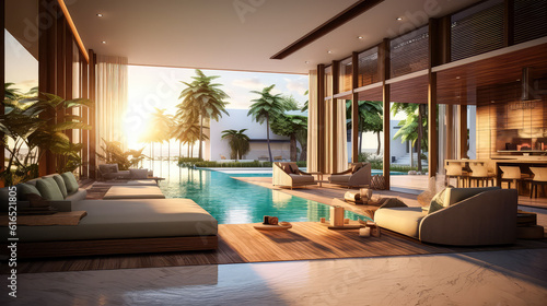 3D render  Modern Interior and pool villa Concept  Embracing the Timeless Elegance and Tranquility of Aesthetics  Creating a Harmonious Fusion of Indoor and Outdoor Spaces