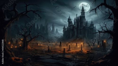 Fantasy landscape with haunted castle and cemetery at night. Halloween background. Generative AI.