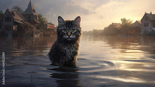 A cat in the water against the backdrop of a flooded village. Generative AI.