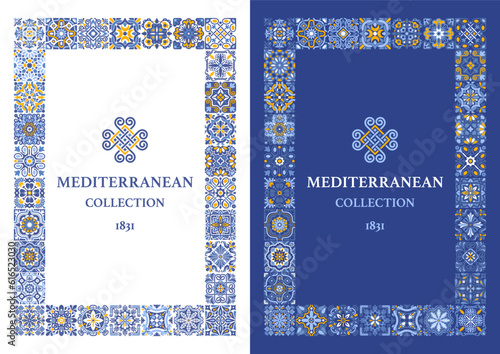 Frame template with azulejo mosaic tile pattern, blue, white, yellow colors, floral motifs, rectangular. Mediterranean, Portuguese, Spanish traditional vintage style. Vector illustration