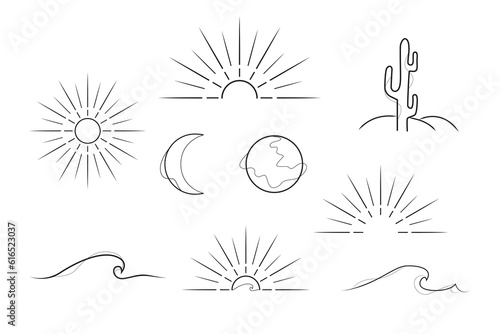 Canvastavla earth elements sun globe hills cactus sea line art design elements illustration,