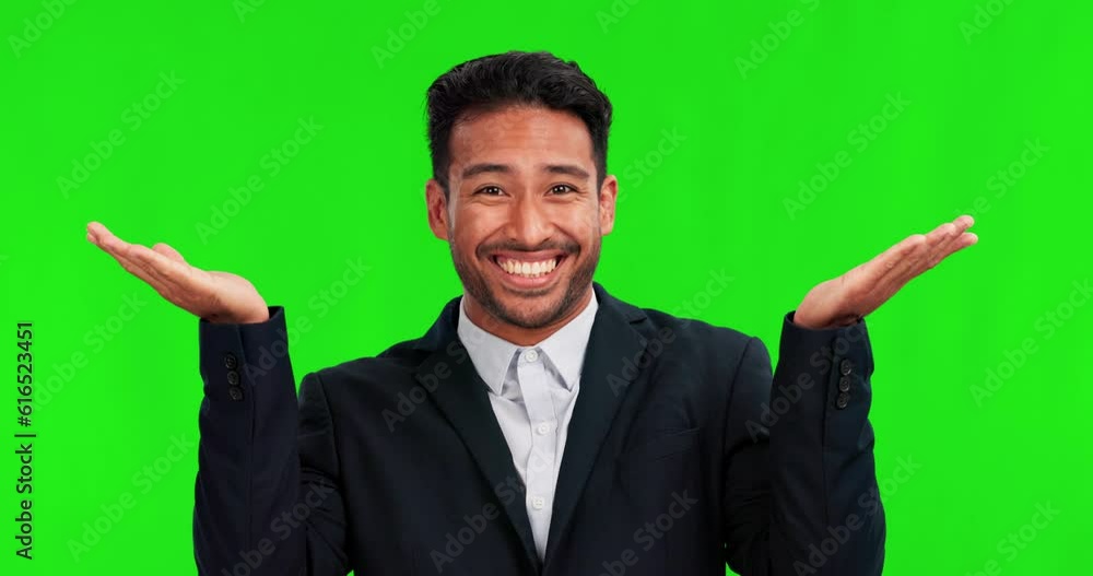 Pointing, face and a businessman on a green screen with a decision, choice or option for work. Happy, presentation and portrait of Asian employee with gesture to mockup isolated on studio background Pointing, face and a businessman on a green screen with a decision, choice or option for work. Happy, presentation and portrait of Asian employee with gesture to mockup isolated on studio background