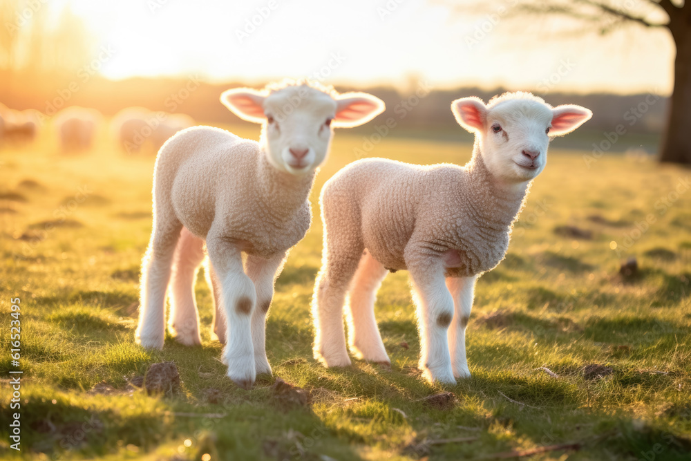 Fototapeta premium Two young lamb sheep on spring meadow looking curious into camera, nice warm afternoon sunlight haze. Generative AI