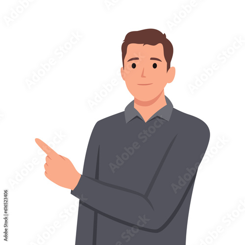 Handsome Businessman showing and pointing fingers upper left and right corner with happy expression advices use this copy space. Flat vector illustration isolated on white background
