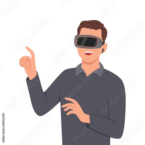 A young man moving objects around using a virtual reality VR headset. Flat vector illustration isolated on white background