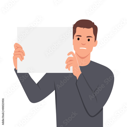 Angry man protests and holds a blank sign. Boy holding a blank poster with place for text. Flat vector illustration isolated on white background