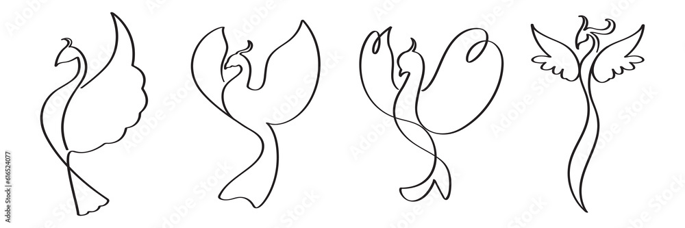 Hand-drawn traditional art of birds and peacock flying continues line art Hand-drawn traditional art of birds and peacock flying continues line art