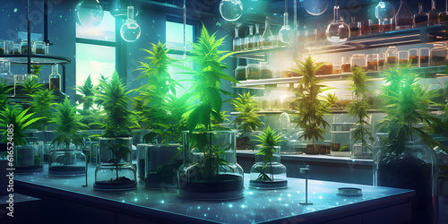 Cannabis Science, A laboratory filled with beakers, test tubes, and scientific equipment, where researchers are conducting experiments on cannabis compounds