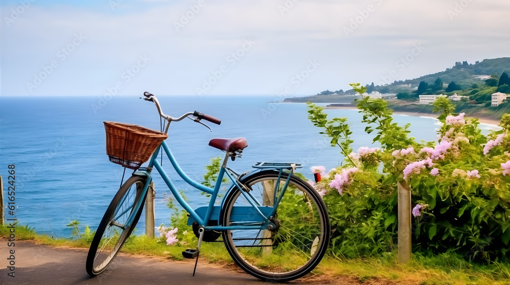 A charming bicycle ride along a scenic coastal path, with the azure ocean stretching out on one side and vibrant, blooming flowers adorning the other