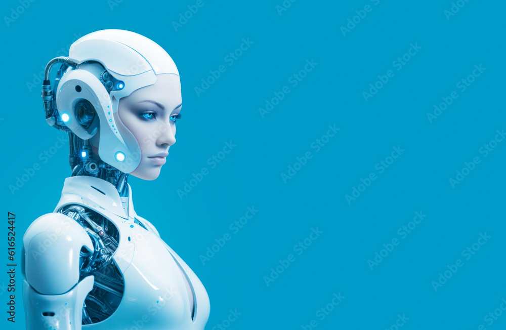 A female humanoid robot against blue background,Are we ready for the technological revolution? Artificial intelligence will radically change our environment.copy space, Generative AI