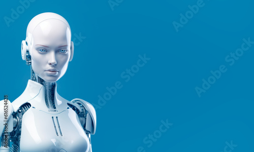 A female humanoid robot against blue background. Are we ready for the technological revolution? Artificial intelligence will radically transform our society. copy space,Generative AI photo