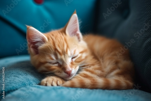 CUte ginger kitten sleeps sweetly at home on a blue armchair, AI generative