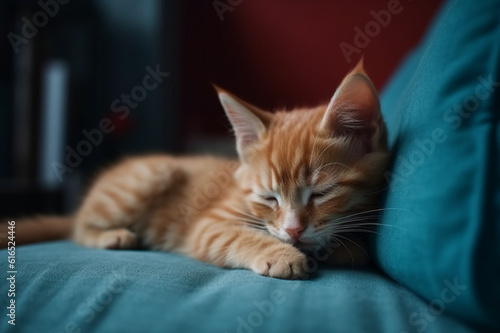CUte ginger kitten sleeps sweetly at home on a blue armchair, AI generative