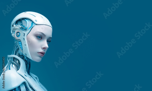  Synthetic female humanoid robot with a pensive expression on blue. Are you ready for the challenge? The technological revolution of artificial intelligence is underway, copy space. Generative AI