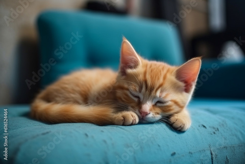 CUte ginger kitten sleeps sweetly at home on a blue armchair, AI generative © Khorzhevska