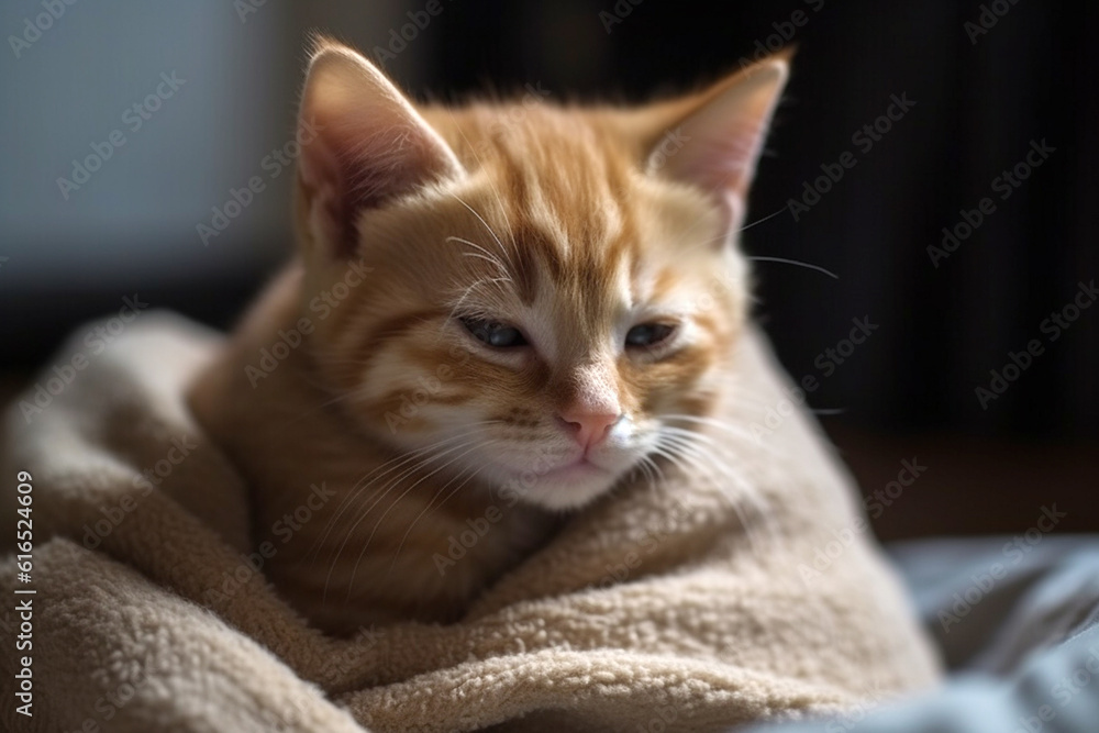 Cute ginger kitten sleeps sweetly at home on sofa wrapped in a blanket, AI generative Cute ginger kitten sleeps sweetly at home on sofa wrapped in a blanket, AI generative