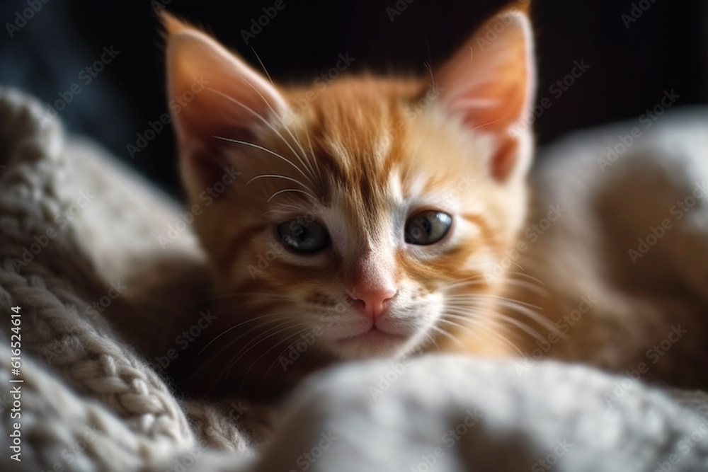 Cute ginger kitten sleeps sweetly at home on sofa wrapped in a blanket, AI generative