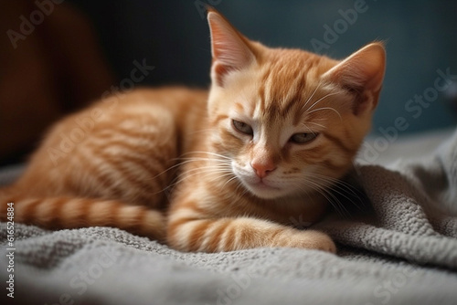 Cute ginger kitten sleeps sweetly at home on sofa wrapped in a blanket  AI generative