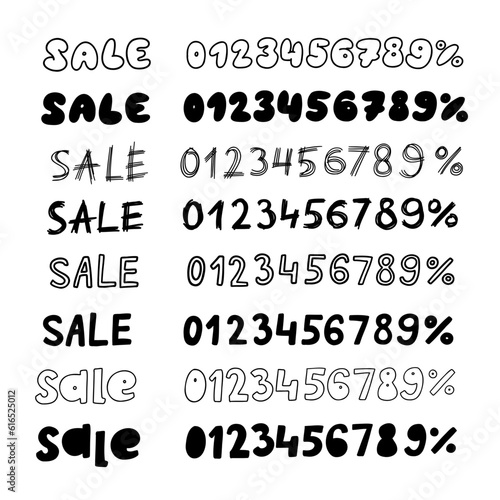 Hand drawn any percent sale black ink discount logo special offer lettering. Vector design illustration in cartoon doodle style isolated on white background. For discount, poster, card, web site, shop
