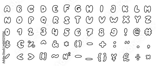 Fun characters black english latin abc alphabet font with digits and symbols handmade A to Z, 0 to 9 collection. Vector illustration in doodle style isolated on white background. For typography, logo.