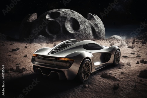 A sportscar driving on the moon created with generative AI technology.