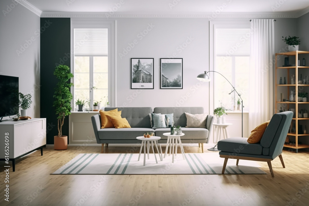 View inside large modern luxury attic loft apartment living room interior with comfortable sofa, plants, wooden furniture, Abstract painting on white wall Created with Generative AI Tools View inside large modern luxury attic loft apartment living room interior with comfortable sofa, plants, wooden furniture, Abstract painting on white wall Created with Generative AI Tools