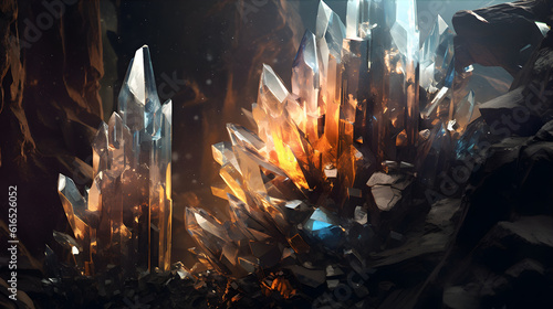 Crystal Growth, Intricate crystals forming on a metallic surface, A dimly lit cavern, Mystical and mysterious ambiance