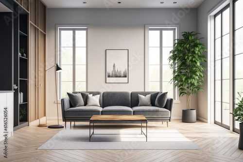 View inside large modern luxury attic loft apartment living room interior with comfortable sofa  plants  wooden furniture  Abstract painting on white wall Created with Generative AI Tools
