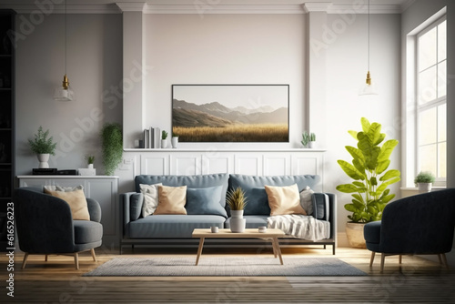 View inside large modern luxury attic loft apartment living room interior with comfortable sofa, plants, wooden furniture, Abstract painting on white wall Created with Generative AI Tools