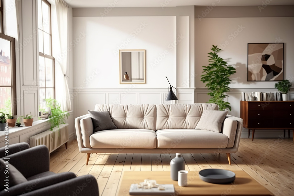 View inside large modern luxury attic loft apartment living room interior with comfortable sofa, plants, wooden furniture, Abstract painting on white wall Created with Generative AI Tools View inside large modern luxury attic loft apartment living room interior with comfortable sofa, plants, wooden furniture, Abstract painting on white wall Created with Generative AI Tools