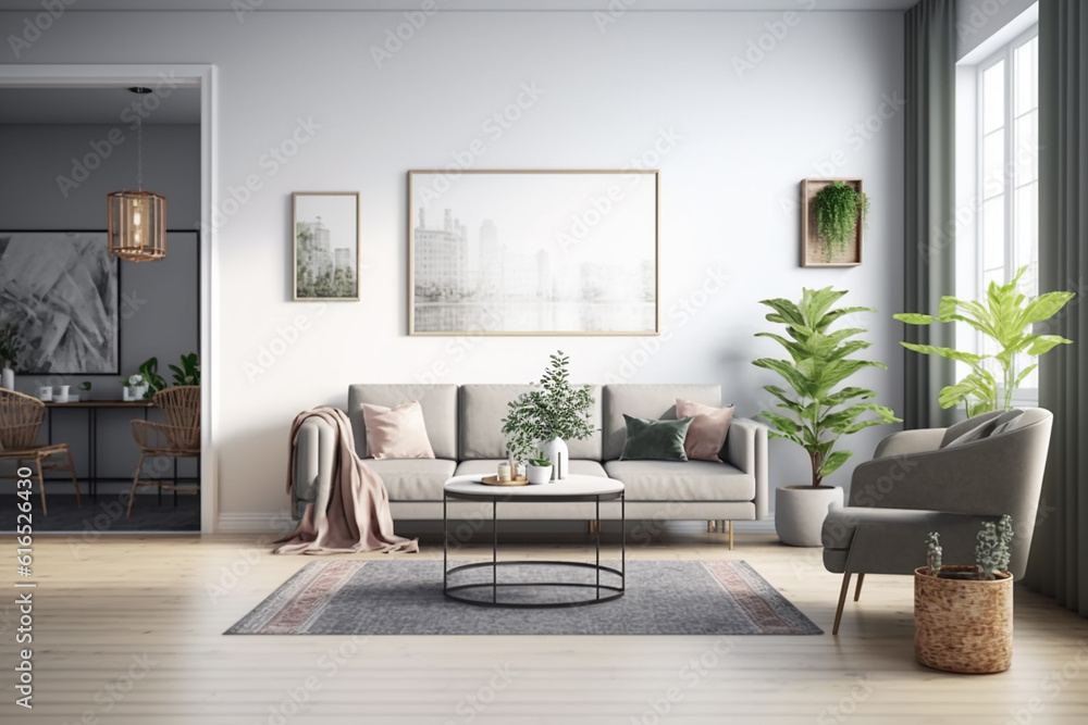 Fototapeta premium View inside large modern luxury attic loft apartment living room interior with comfortable sofa, plants, wooden furniture, Abstract painting on white wall Created with Generative AI Tools
