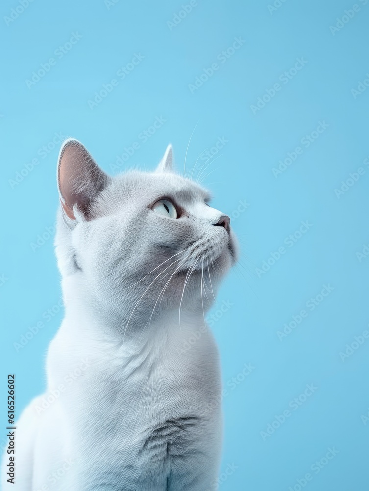 A cat on a blue background, solid color background