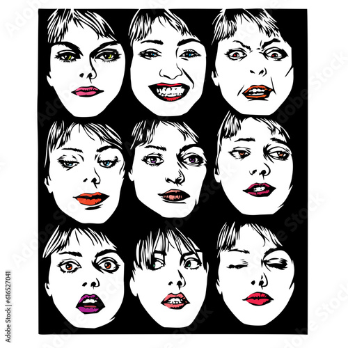 emotions expressed in multiple faces of woman vector illustration