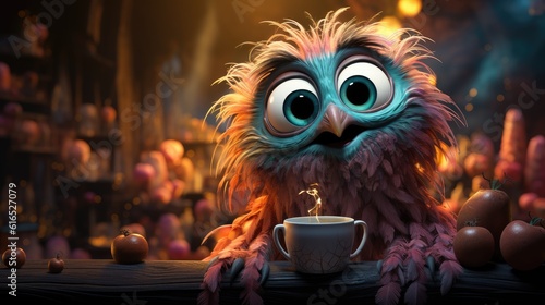 Illustrate a whimsical coffee-themed character, a coffee-loving creature 