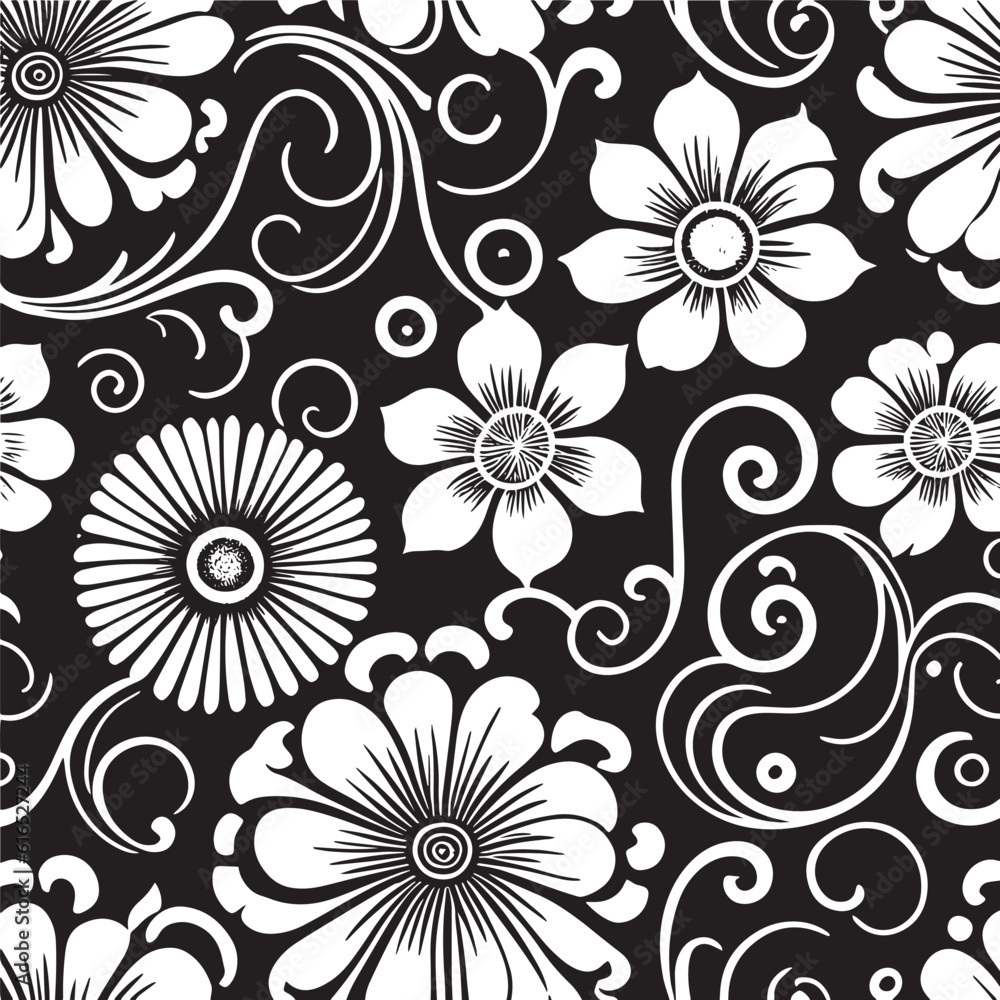 seamless pattern with flowers. seamless floral pattern. Vintage wallpaper with blooming roses and leaves. Floral seamless pattern. Decorative branch of flowers. Black silhouette on white background