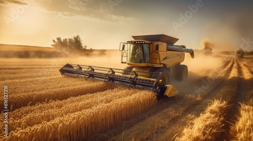 Modern harvester working in a wheat field