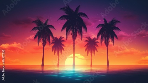 Neon Palm Tree. Night landscape with palm tree
