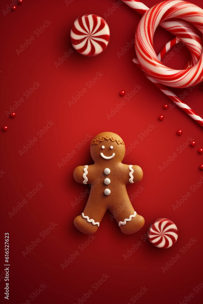 cookie man caramel food sweet christmas holiday red gingerbread background symbol decoration. Generative AI.