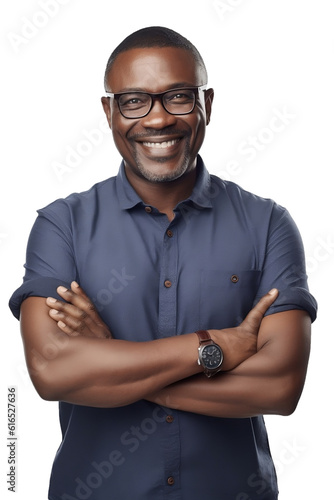 African American man with glasses smiling. Generative AI.