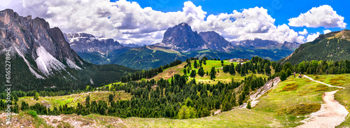 Breathtaking panorama of beautiful Alps mountains Dolomites, Val Gardena ski resort in south Tyrol in northern Italy. Alpine nature scenery