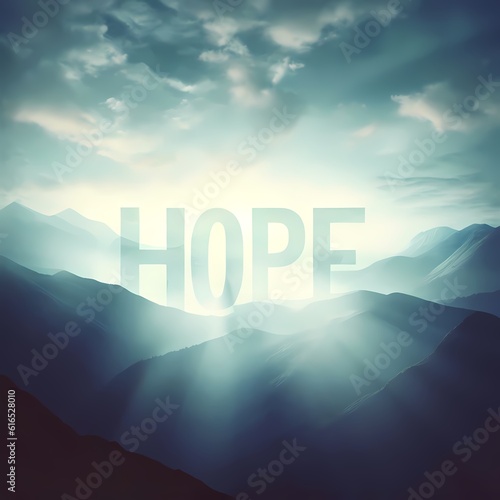 Bright light above mountains with god rays shining through the word "HOPE"