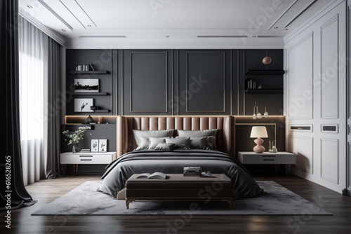 Luxury master bedroom interior with a big large comfortable bed  modern light bedroom with wooden furniture  elegant room interior  stylish bedroom at a residence Created with Generative AI Tools