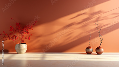 Subtle and sophisticated abstract background featuring the play of light and shadow from a window on a plain wall, suitable for product presentations, natural light, affinity, brig Generative AI