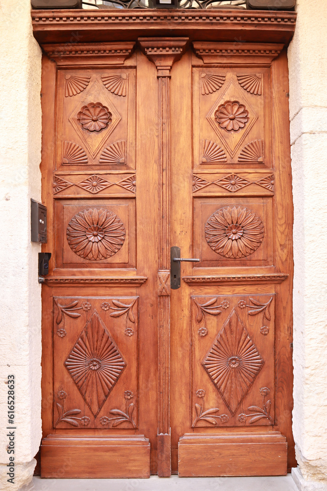 Vintage wooden door in downtown in Lviv, Ukraine