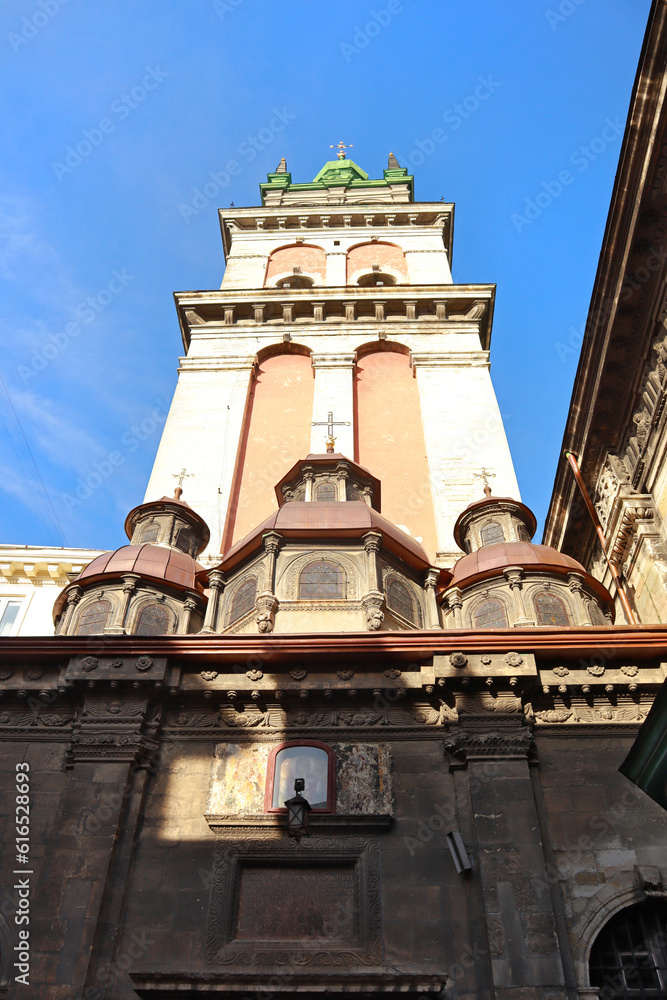 Bell tower of Church of the Assumption of the Blessed Virgin Mary in Lviv, Ukraine