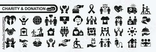 Charity and Donation icon set. Help, volunteer, donated, assistance, sharing and solidarity symbol. Solid icons vector collection.