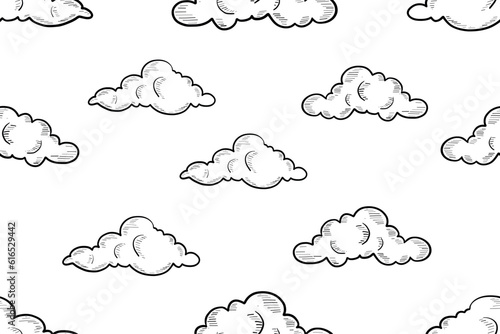 Vector Hand Drawn Style Clouds Seamless Pattern on White Background Clouds collection flat style. Clouds Set in Line Style Cartoon Clouds design elements Vintage Engraving Style illustrations